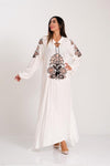 White Long Dress with Authentic Embroidered Front and Sleeves, Tasseled Balloon Sleeves