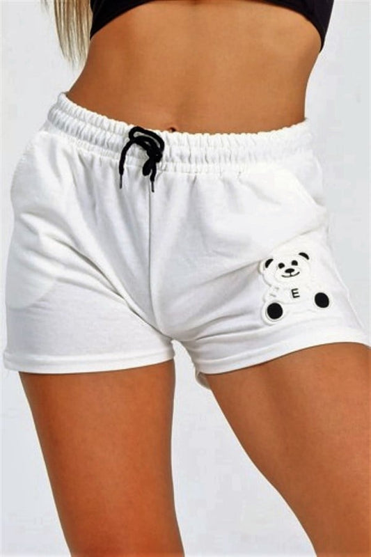 Beyaz Panda Baskılı Beli Lastikli Bağcıklı Cepli Pamuklu Şort