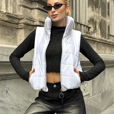 White Back Stone Embellished Stand Collar Short Puffer Vest