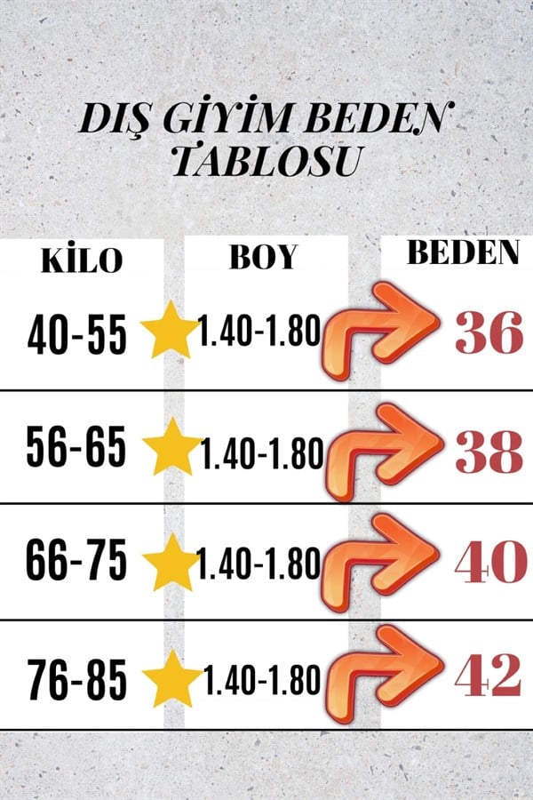 Beyaz su geçirmez kapüşonlu şişme mont için kilo ve boya göre beden tablosu.