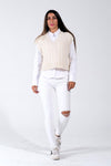 White V-Neck Cable Knit Crop Sweater