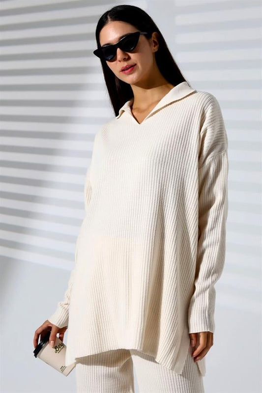 Beyaz V Yaka Fitilli Tunik Pantolon Triko Alt Üst Takım