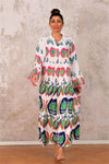 White Ruffled Sleeve Button-Front Tiered Tropical Print Maxi Dress