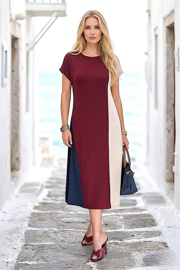 Bordo, ekru ve lacivert renk bloklu, kısa kollu, modal kumaştan midi boy elbise.