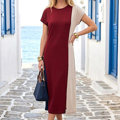 Bordo Ekru Lacivert Modal Midi Elbise