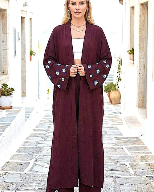 Bordo Mavi Boncuk Kimono Pantolon Takım