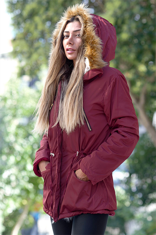 Bordo Su Geçirmez İçi Kürklü Kürk Kapüşonlu Mont