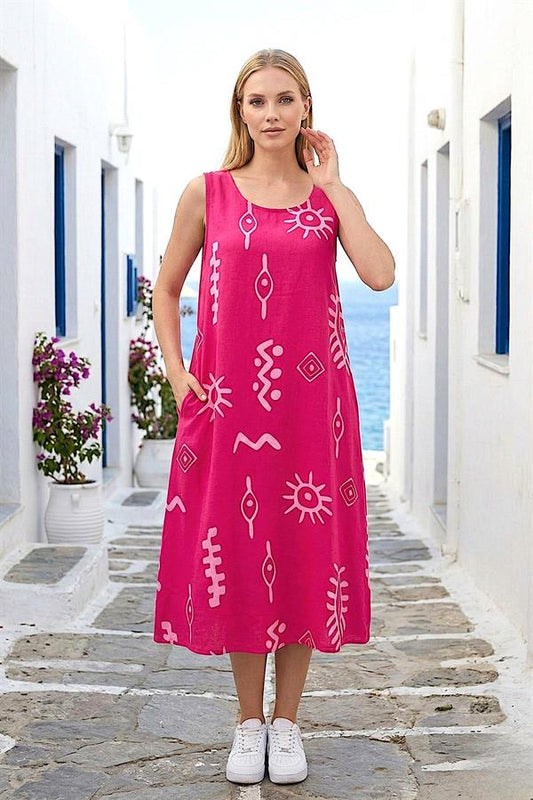 Fuşya Balık Desenli Kalın Askılı Cepli Midi Elbise