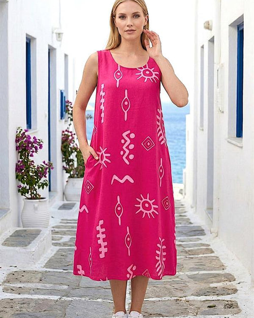 Fuşya Balık Desenli Kalın Askılı Cepli Midi Elbise