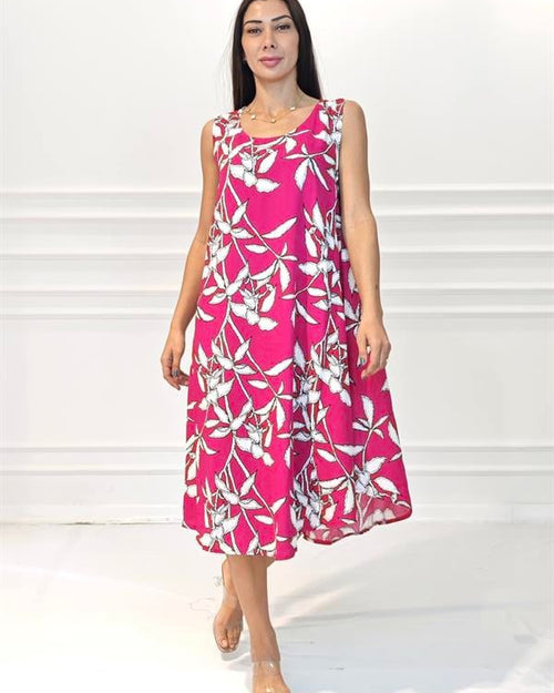 Fuşya Çiçekli U Yaka Askılı Midi Elbise