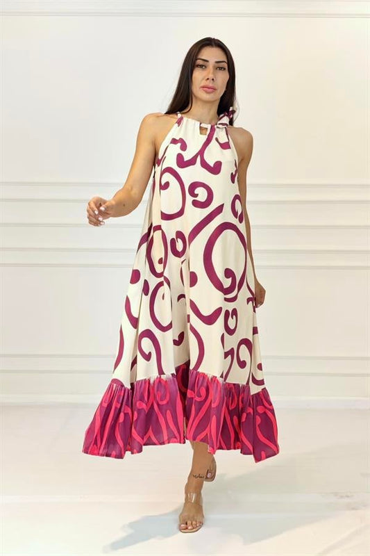 Fuşya Desenli Boyundan Bağlamalı Cepli Uzun Elbise