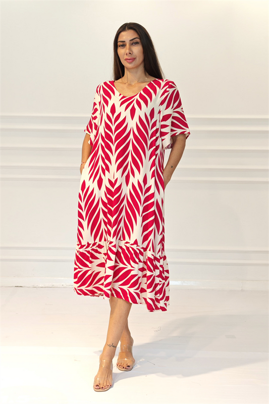 Fuşya Desenli V Yaka Cepli Etekleri Fırıfırlı Midi Elbise