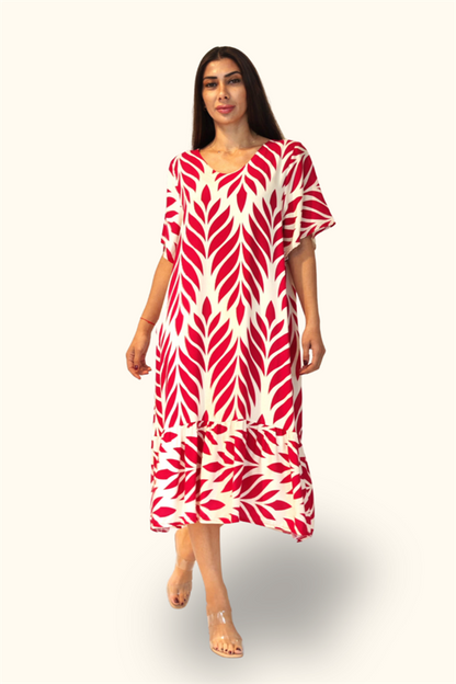 Fuşya Desenli V Yaka Cepli Etekleri Fırıfırlı Midi Elbise