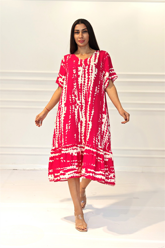 Fuşya Desenli V Yaka Cepli Etekleri Fırıfırlı Midi Elbise