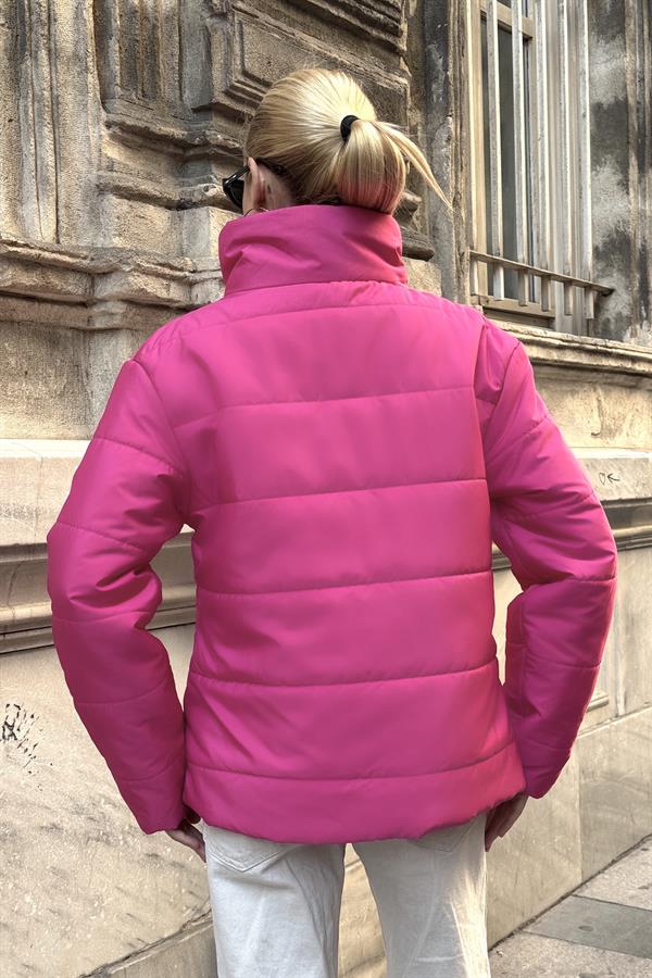 Fuşya Dik Yaka Su Geçirmez Tasarım Şişme Mont