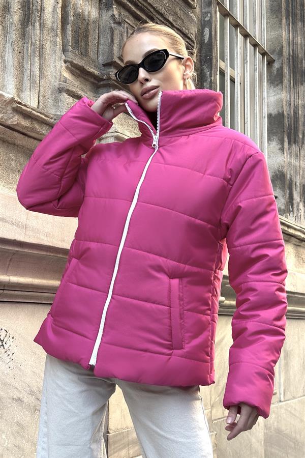 Fuşya Dik Yaka Su Geçirmez Tasarım Şişme Mont