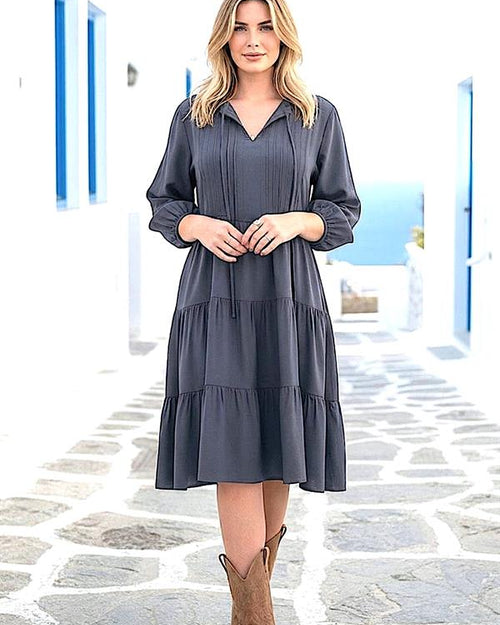 Gri Bel Ve Yaka Bağlamalı Diz Boyu Elbise