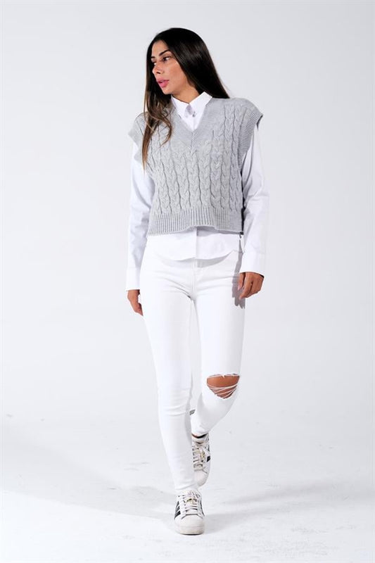 Gri V Yaka Crop Saç Örgü Triko Süveter