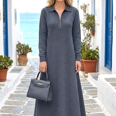 Modanı Seç Gri Yaka Fermuarlı Modal Uzun Elbise - Büyük Beden