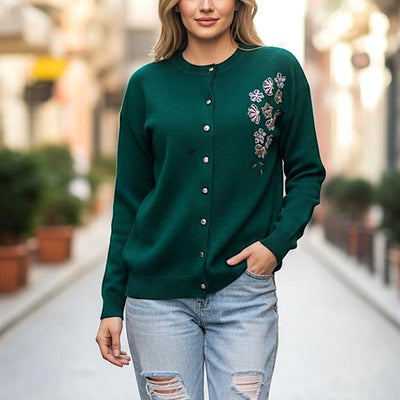 Haki Çiçek Nakışlı Düğmeli Triko Hırka