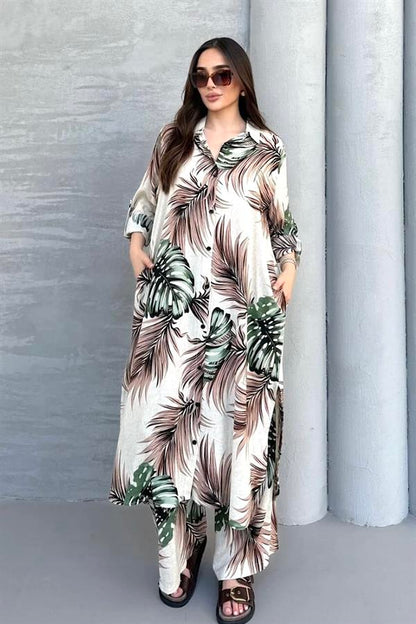 Haki Desenli Cepli Beli Lastikli Gömlek Pantolon Kaftan Takım