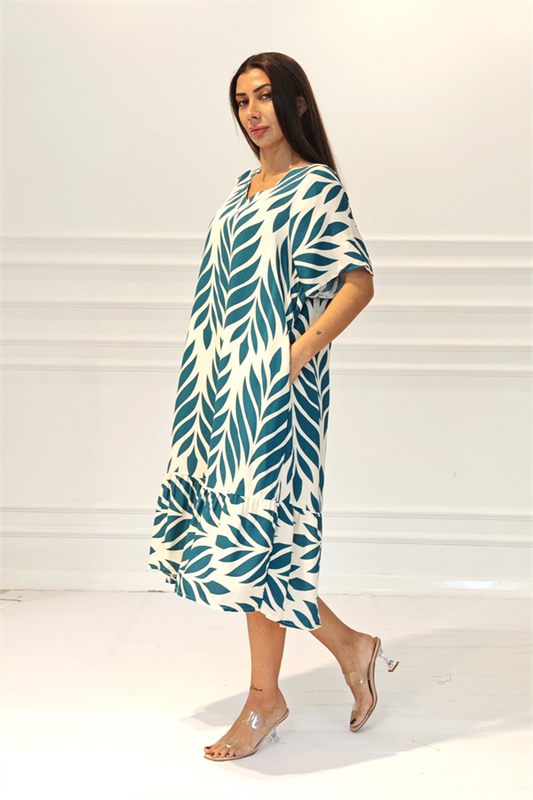 Haki Desenli V Yaka Cepli Etekleri Fırıfırlı Midi Elbise