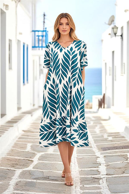 Haki Desenli V Yaka Cepli Etekleri Fırıfırlı Midi Elbise