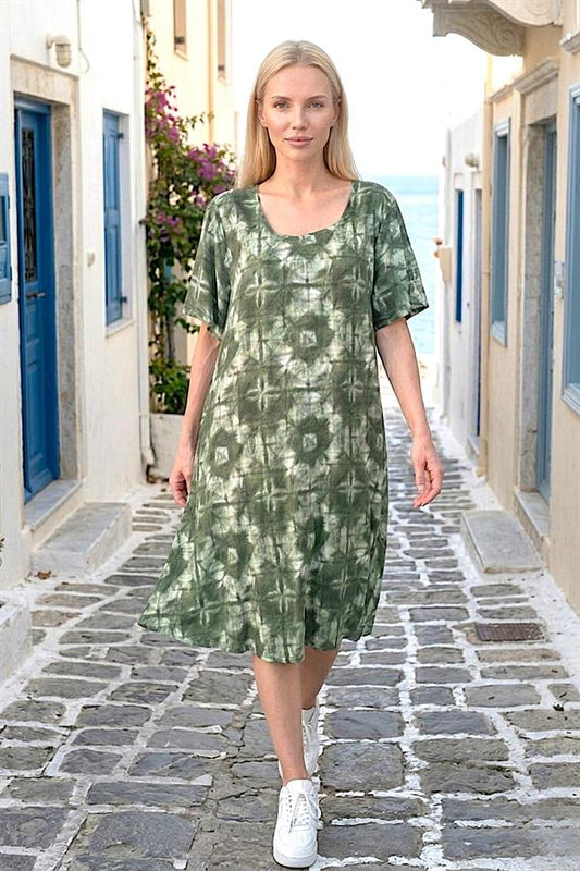 Haki Desenli Yuvarlak Yaka Kısa Kollu Midi Elbise