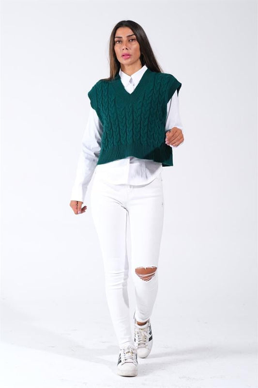 Haki V Yaka Crop Saç Örgü Triko Süveter