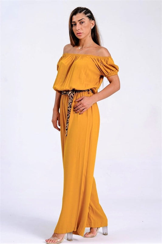 Hardal Carmen Yaka Leopar Kemerli Beli Lastikli Dokuma Tulum