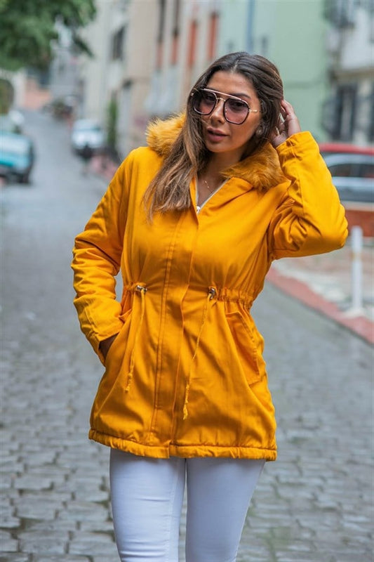 Hardal Kapüşonu Kürklü İçi Kürklü Gabardin Mont