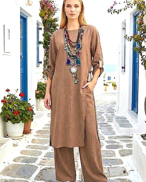 Kahverengi Asimetrik Tasarım İkili Takım