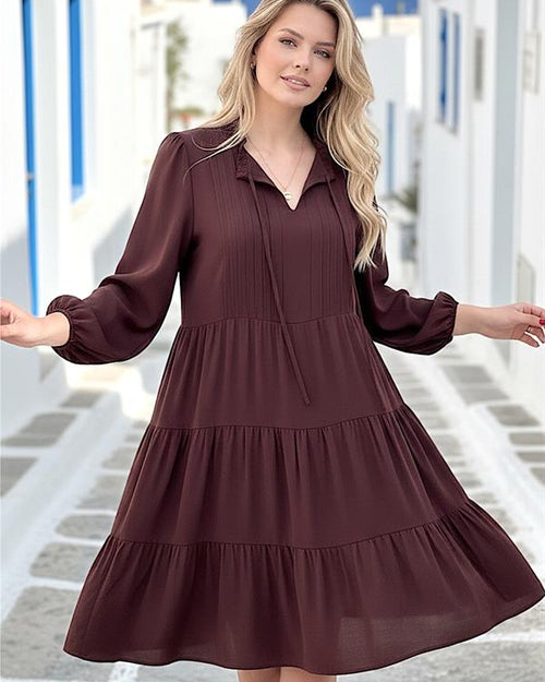 Kahverengi Bel Ve Yaka Bağlamalı Diz Boyu Elbise