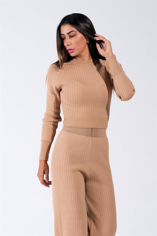 Kahverengi Bisiklet Yaka Tunik Pantolon İkili Triko Alt Üst Takım