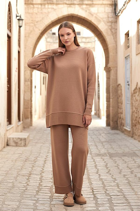 Kahverengi Bisiklet Yaka Tunik Pantolon Triko Alt Üst Takım