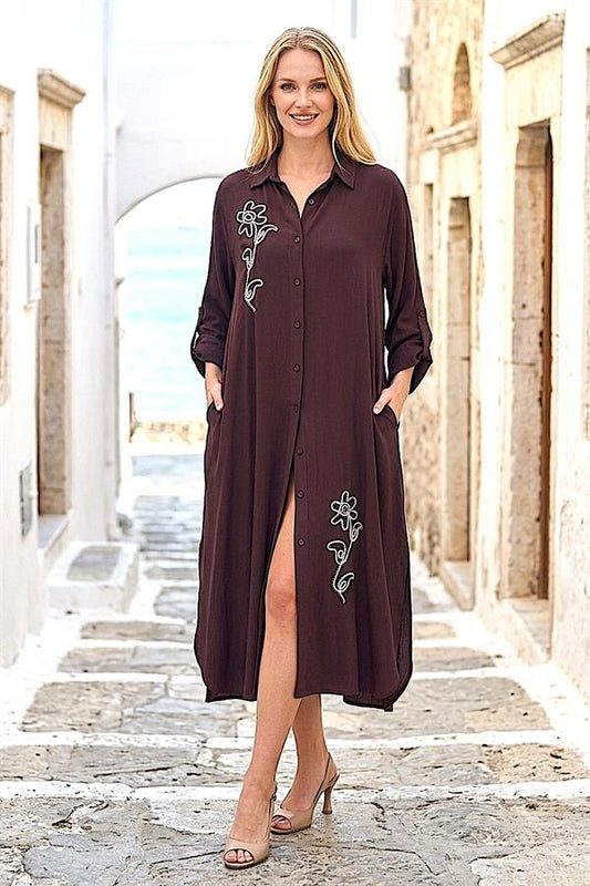 Kahverengi Çiçek Nakışlı Gömlek Elbise Pantolon Takım