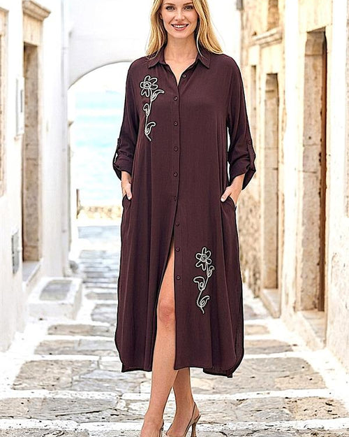 Kahverengi Çiçek Nakışlı Gömlek Elbise Pantolon Takım