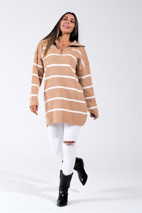 Kahverengi Çizgili Dik Yaka Fermuarlı Triko Tunik Kazak