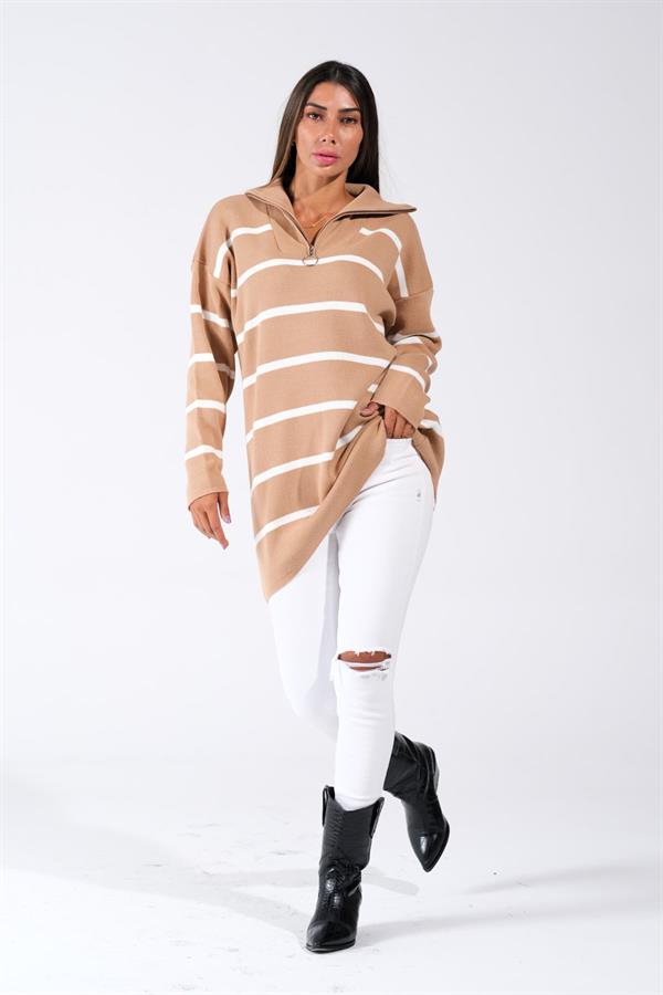 Kahverengi Çizgili Dik Yaka Fermuarlı Triko Tunik Kazak