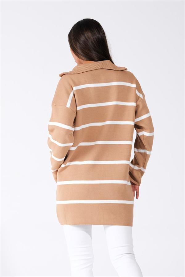 Kahverengi Çizgili Dik Yaka Fermuarlı Triko Tunik Kazak