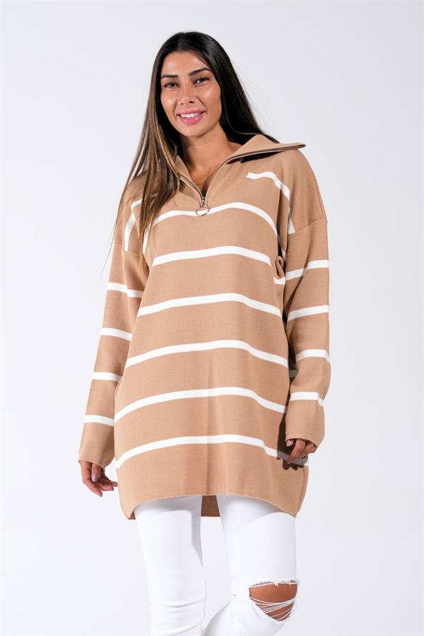 Kahverengi Çizgili Dik Yaka Fermuarlı Triko Tunik Kazak