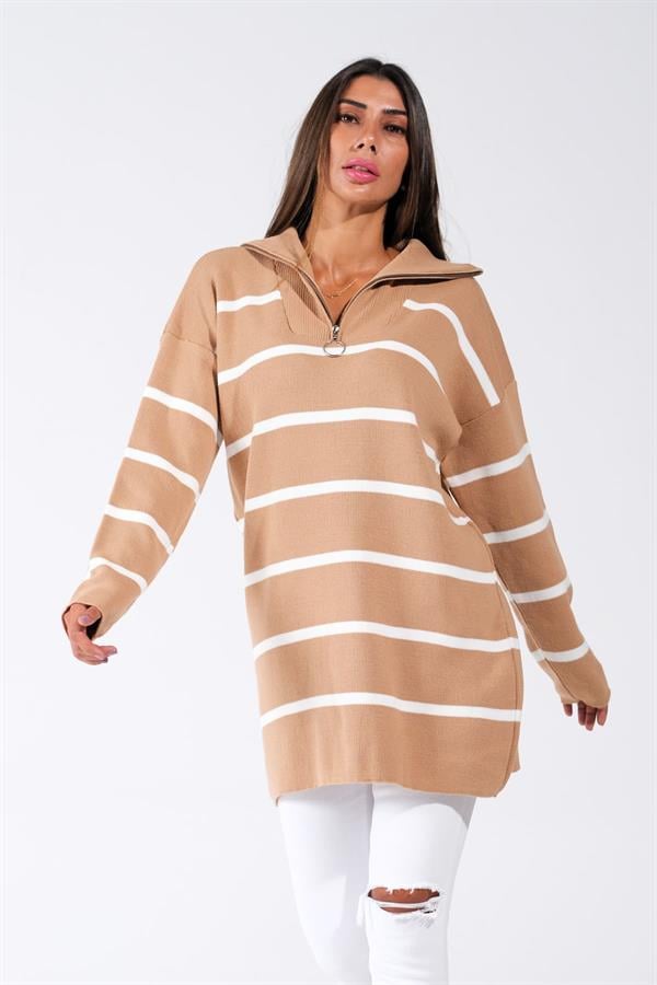 Kahverengi Çizgili Dik Yaka Fermuarlı Triko Tunik Kazak