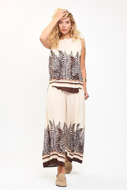 Kahverengi Desenli Beli Lastikli Cepli Bol Paça Bluz Pantolon Takım