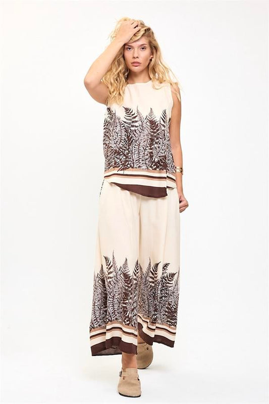 Kahverengi Desenli Beli Lastikli Cepli Bol Paça Bluz Pantolon Takım