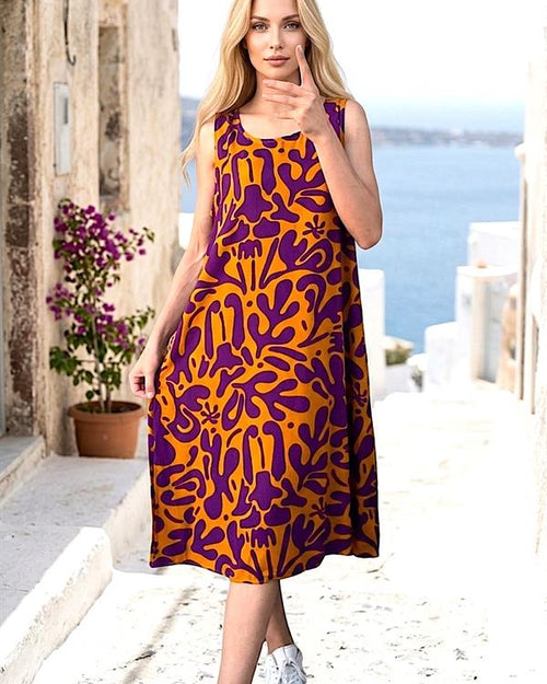 Kahverengi Desenli Kalın Askılı Cepli Midi Elbise