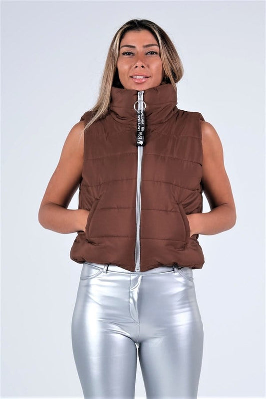 Kahverengi Dik Yaka Beli Lastikli Cepli Kısa Şişme Yelek