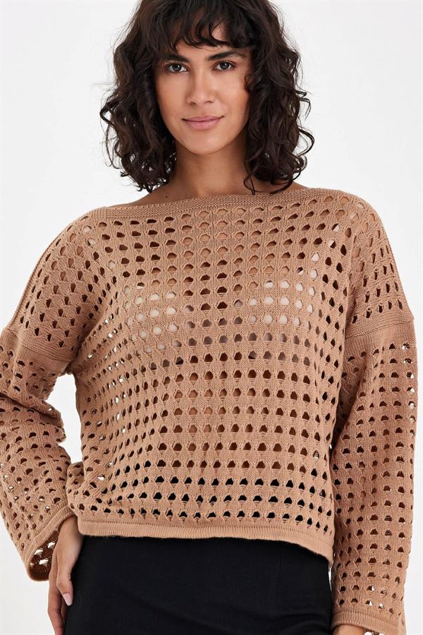 Kahverengi File İspanyol Kol Crop Örgü Delikli Triko Kazak