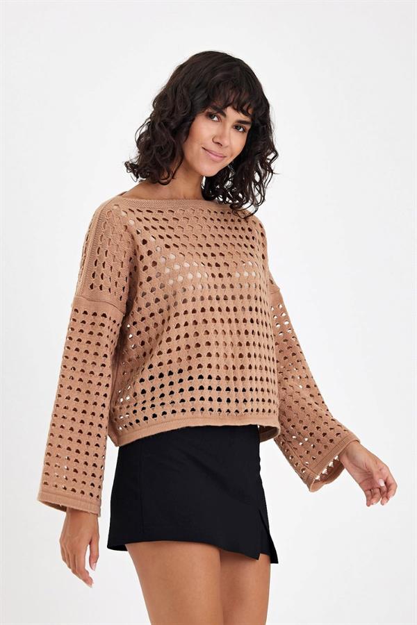 Kahverengi File İspanyol Kol Crop Örgü Delikli Triko Kazak