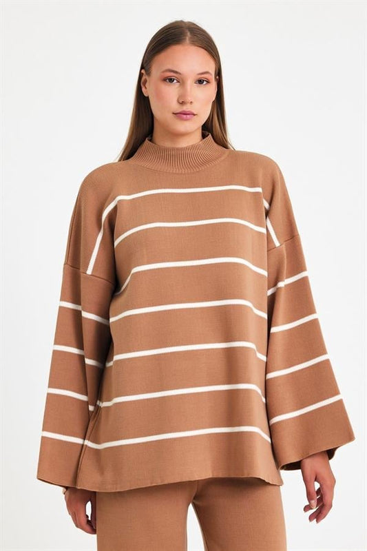 Kahverengi İspanyol Kol Çizgili Tunik Pantolon Triko Alt Üst Takım