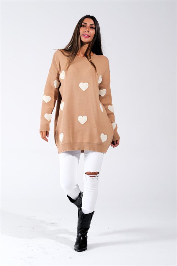 Kahverengi Kabartma Kalpli Triko Kazak